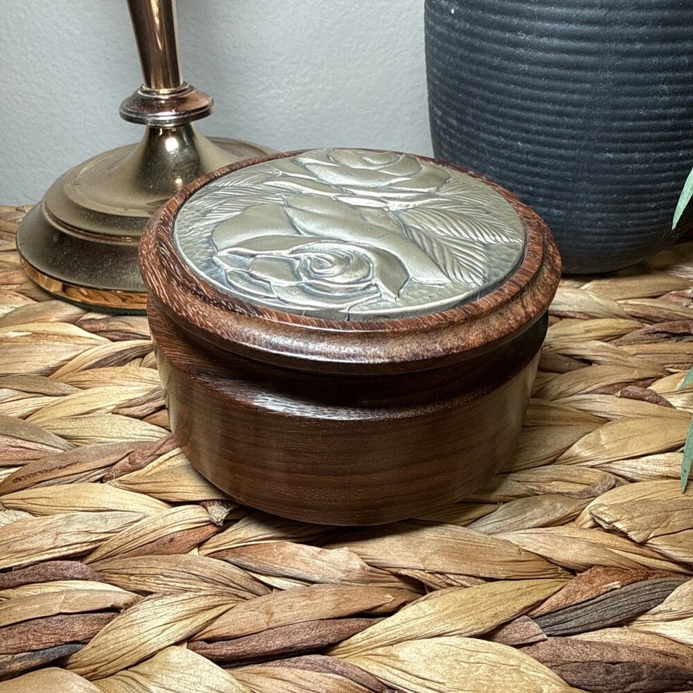 Vtg Midas 925 Sterling Silver Lid Wood Trinket Box Floral Relief 3.5" x 2.25"